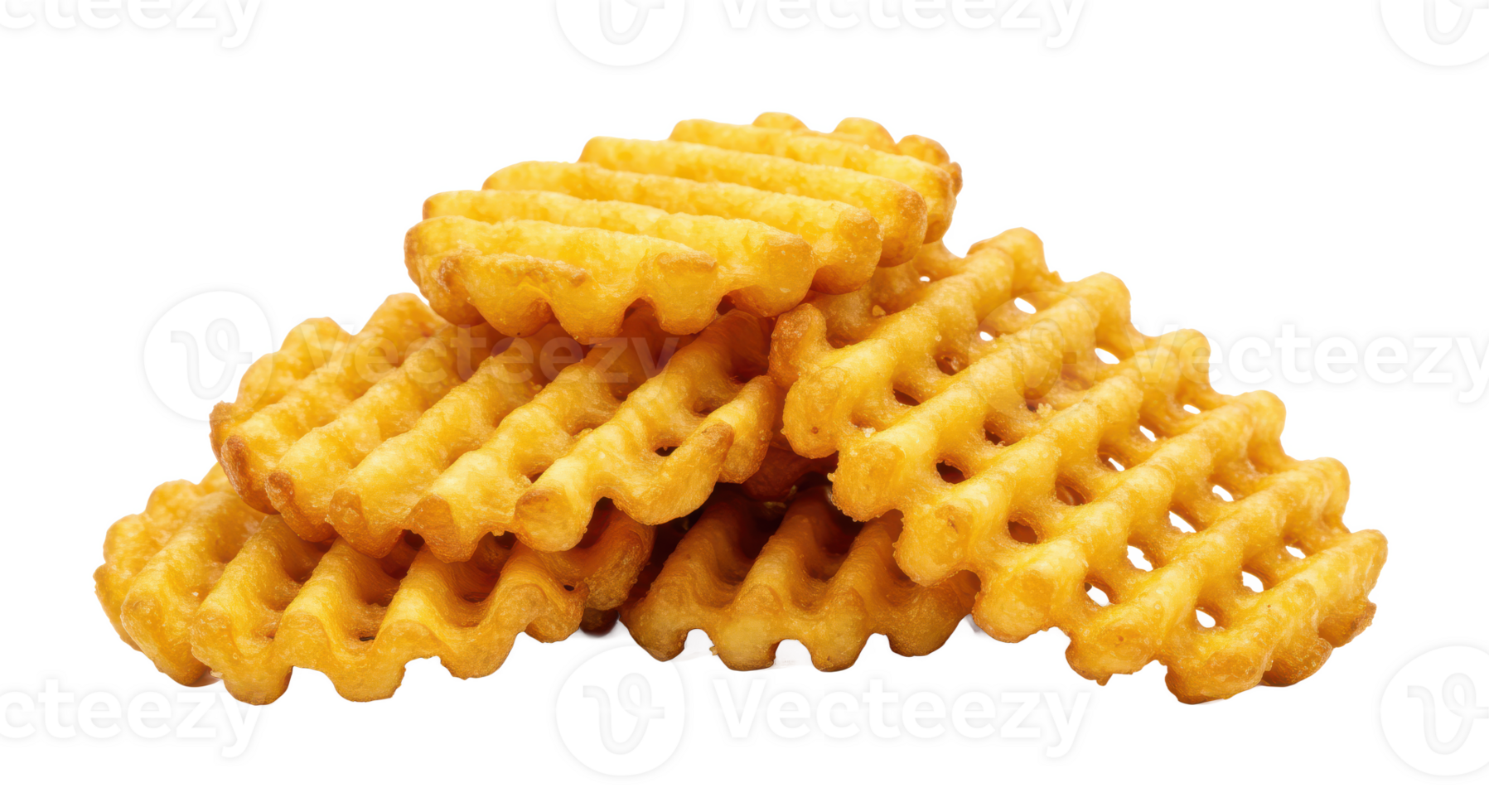 A close up shot showcasing a stack of waffle fries with a golden yellow color and a distinct grid pattern png