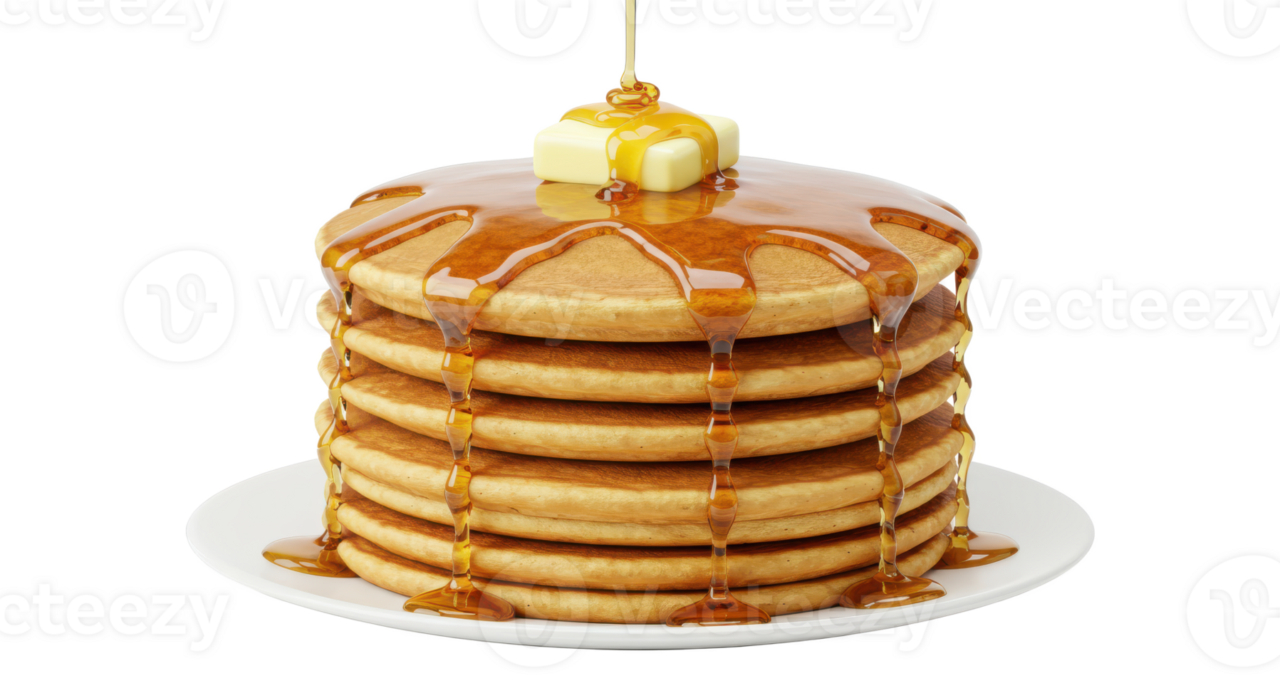 A stack of pancakes topped with butter and syrup on a white plate against a blurred background image view png