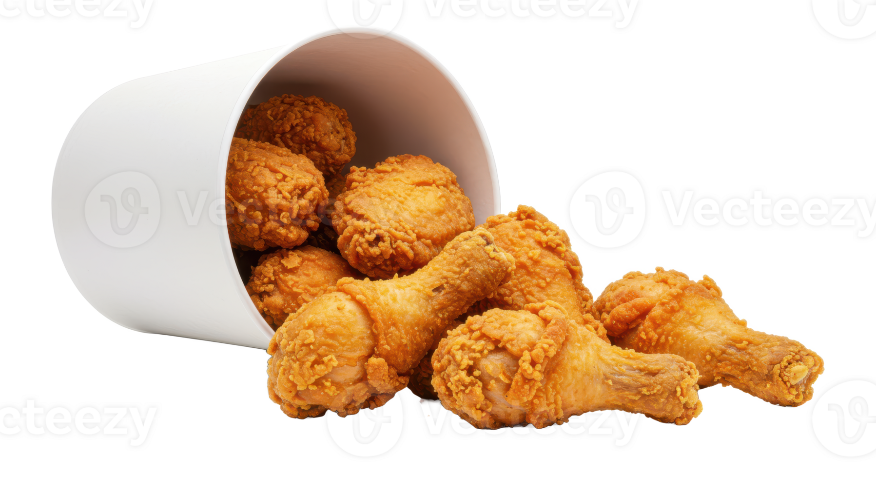 A bucket of fried chicken pieces spilling out onto a surface with some pieces scattered around it nicely png