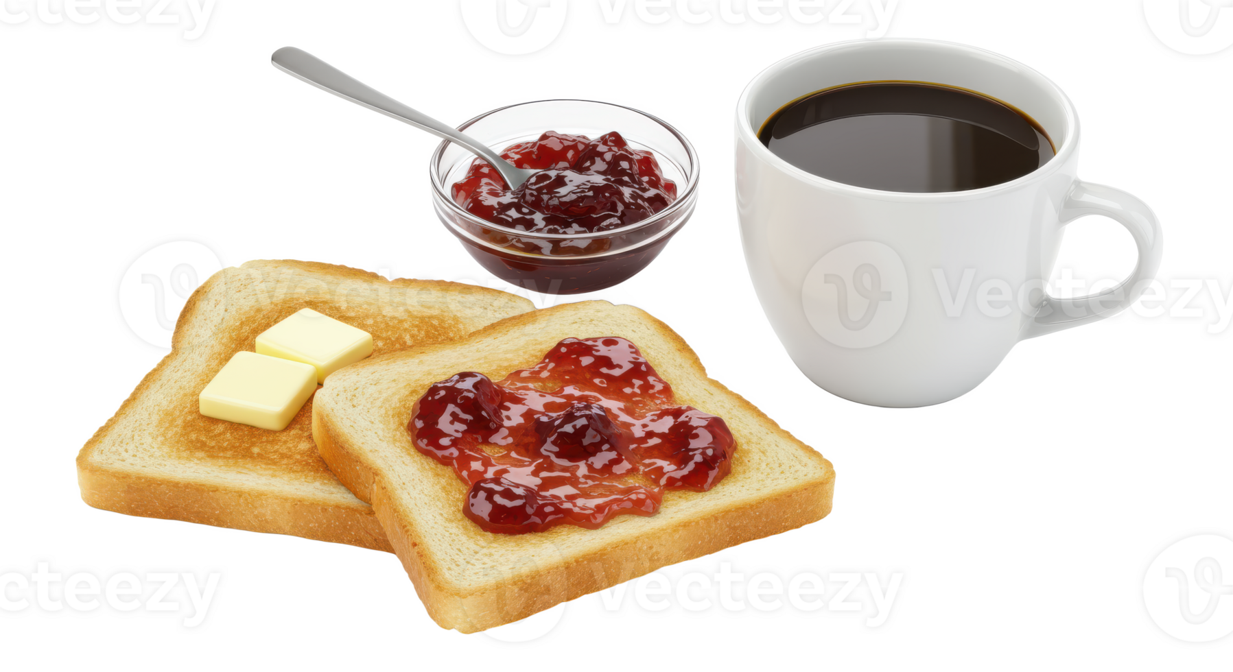 A breakfast scene featuring toast with butter and jam alongside a cup of coffee on a checkered surface png