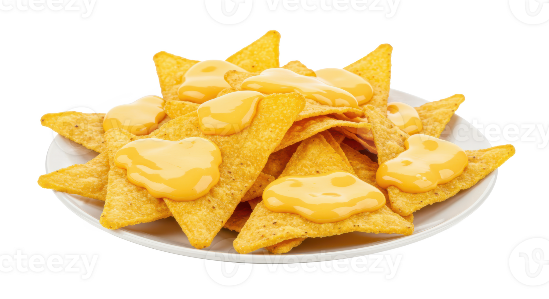 A close up shot of a white plate filled with a pile of yellow triangular shaped tortilla chips snacks food png
