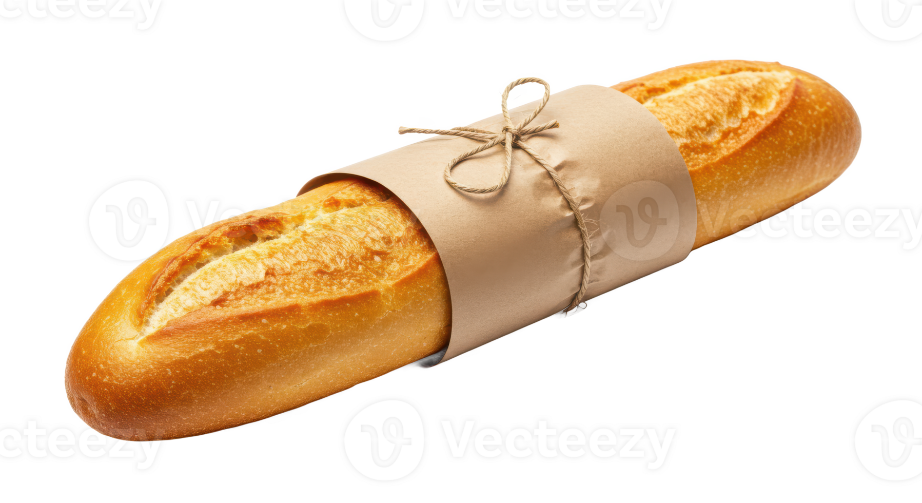 A single baguette wrapped in brown paper tied with twine sits on a plain background for a food image png