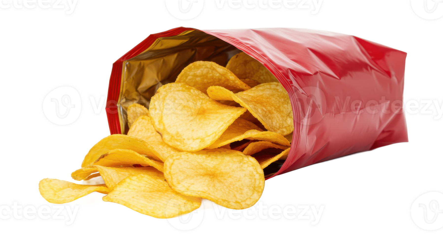 A red bag of potato chips spilling out onto a surface with a transparent background showing the chips inside png