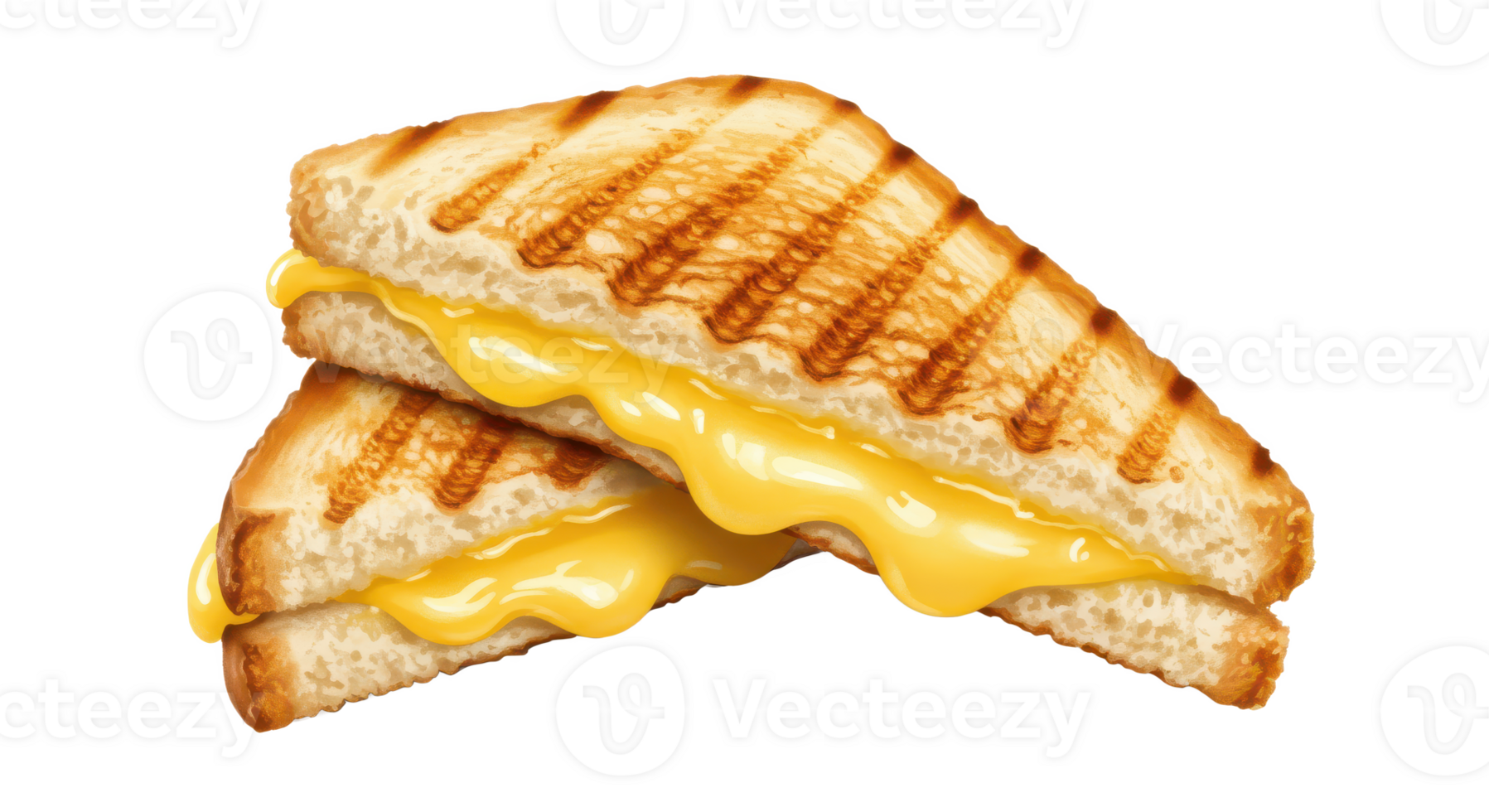 A close up of two halves of a grilled cheese sandwich with melted cheese oozing from the sides on a table png