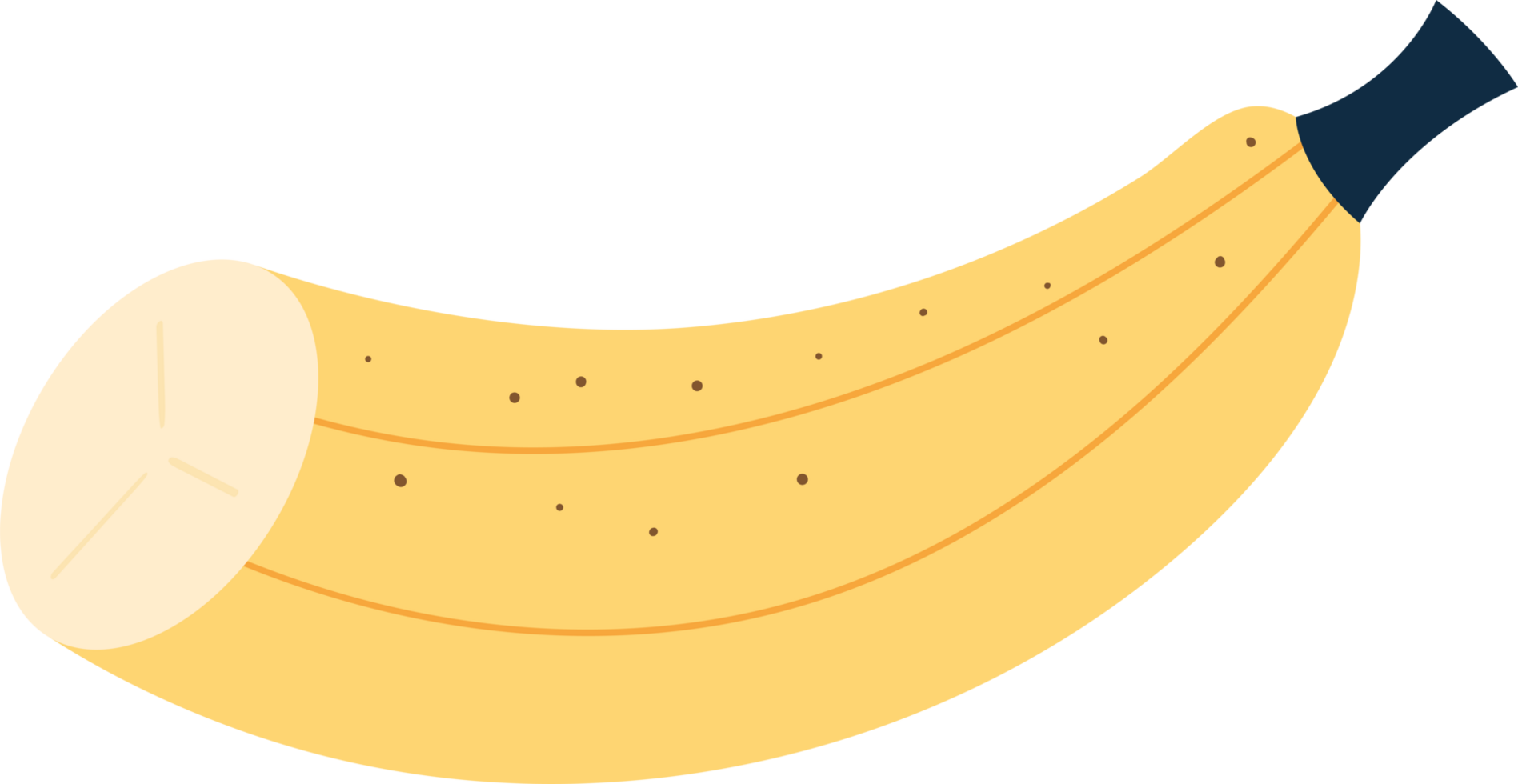 A ripe, curved banana with brown spots and a sliced end displayed plainly. png