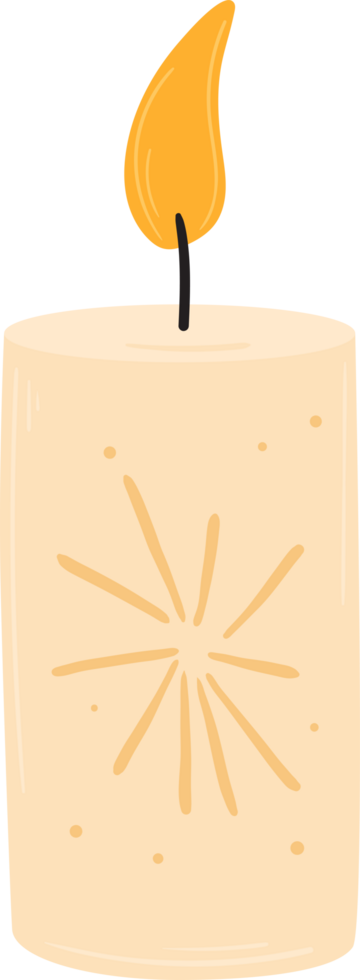 A lit candle with a decorative star pattern on a white cylindrical base. png