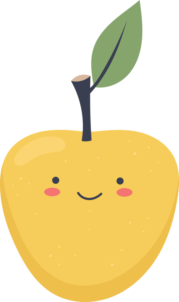 Happy pear illustration with face, featuring a leaf, stem, and cute smile. png