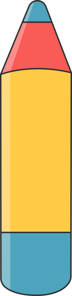 A colorful cartoon style pencil with a yellow body, red point and blue top. png