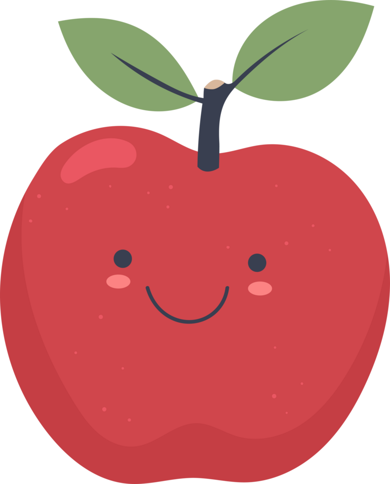 Cartoon apple with a happy smiling face, two green leaves and a dark stem. png