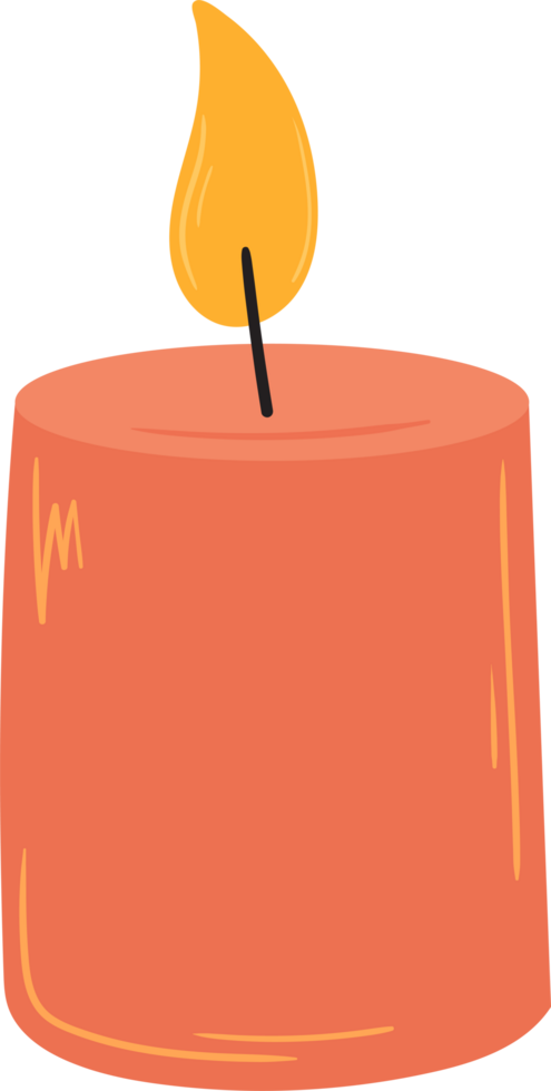 Stylized glowing orange candle with black wick and flickering yellow flame. png