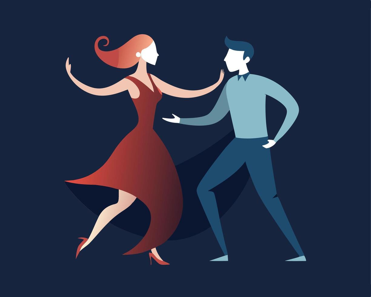 Elegant Couple Dancing Tango in Minimalist Style Illustration on Dark Background vector