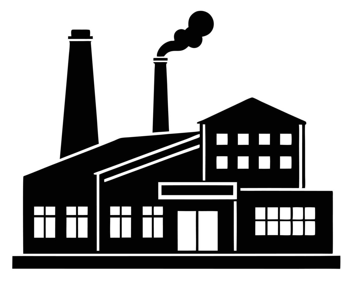 Simple Black and White Factory Illustration with Smoke and Chimneys vector