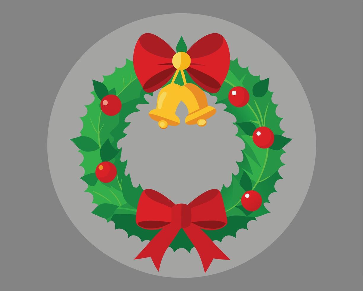 Festive Christmas Wreath with Holly Berries Bows and Bells on Gray Background vector