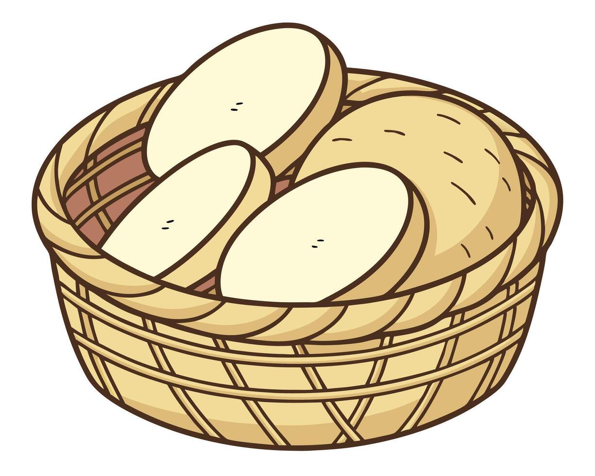 Cartoon Wicker Basket Filled with Sliced and Whole Potatoes Illustration vector