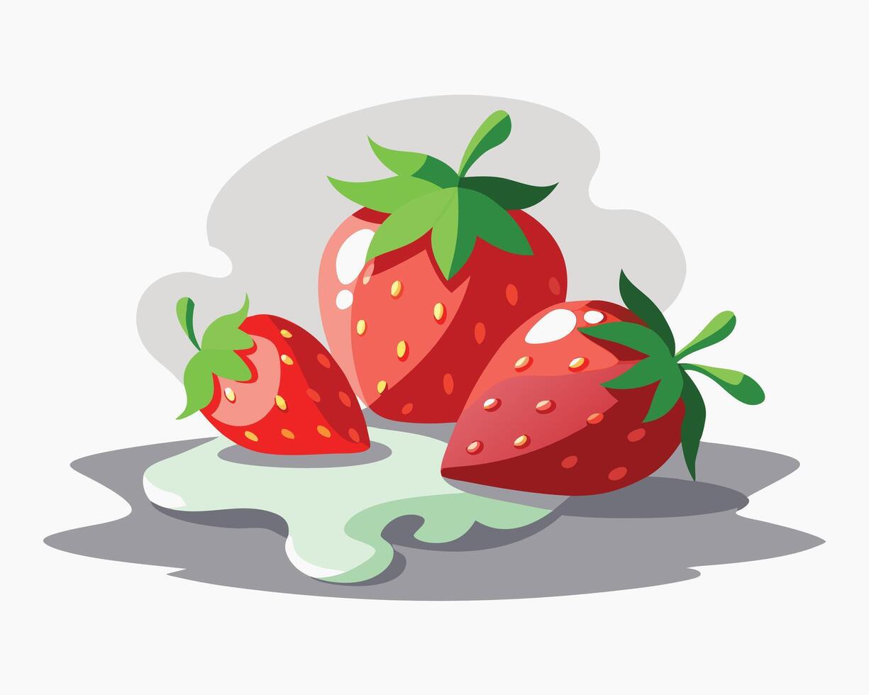 Three Stylized Strawberries with Green Leaves on a Creamy Surface vector