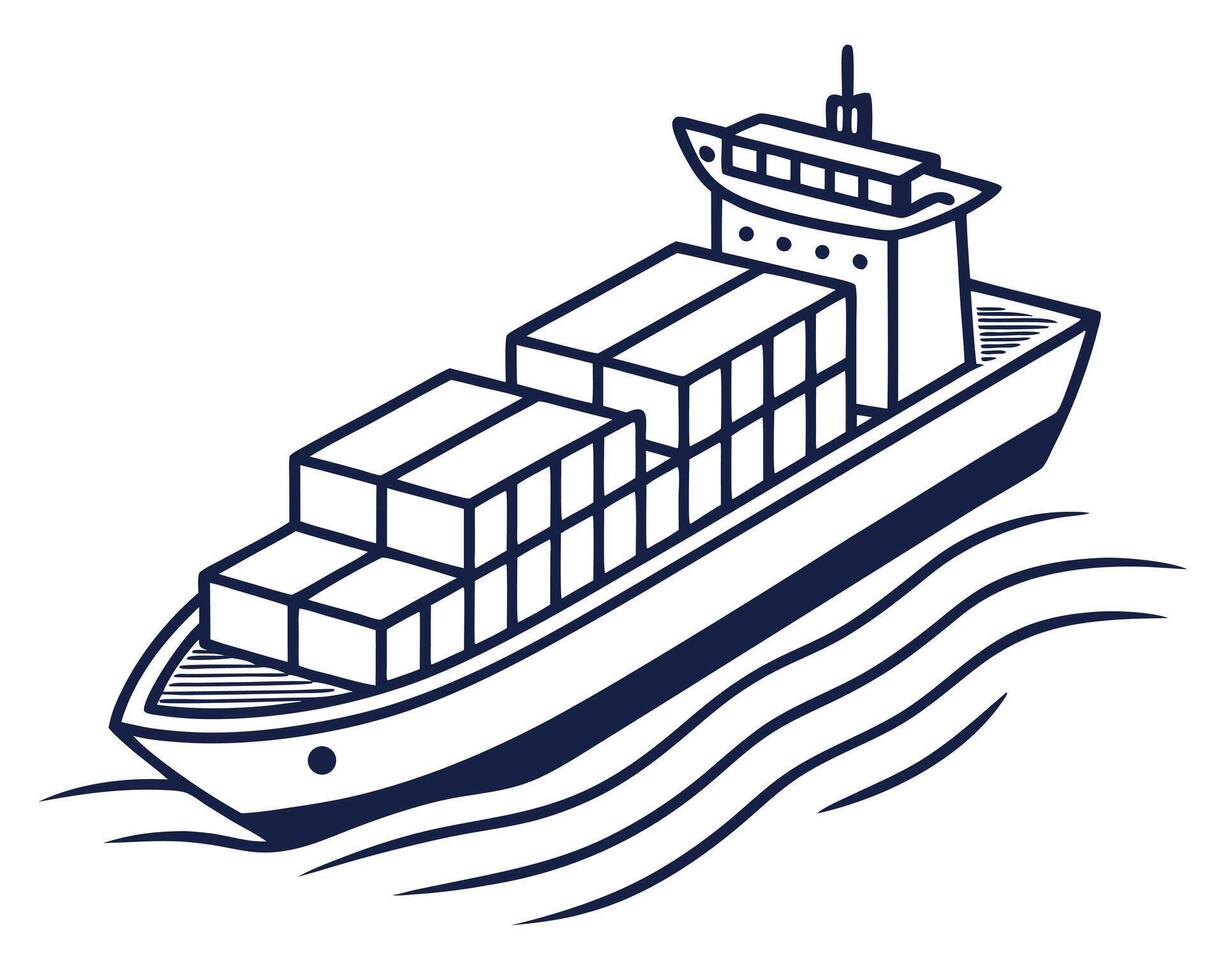 Stylized cargo ship illustration with shipping containers on the ocean waves vector