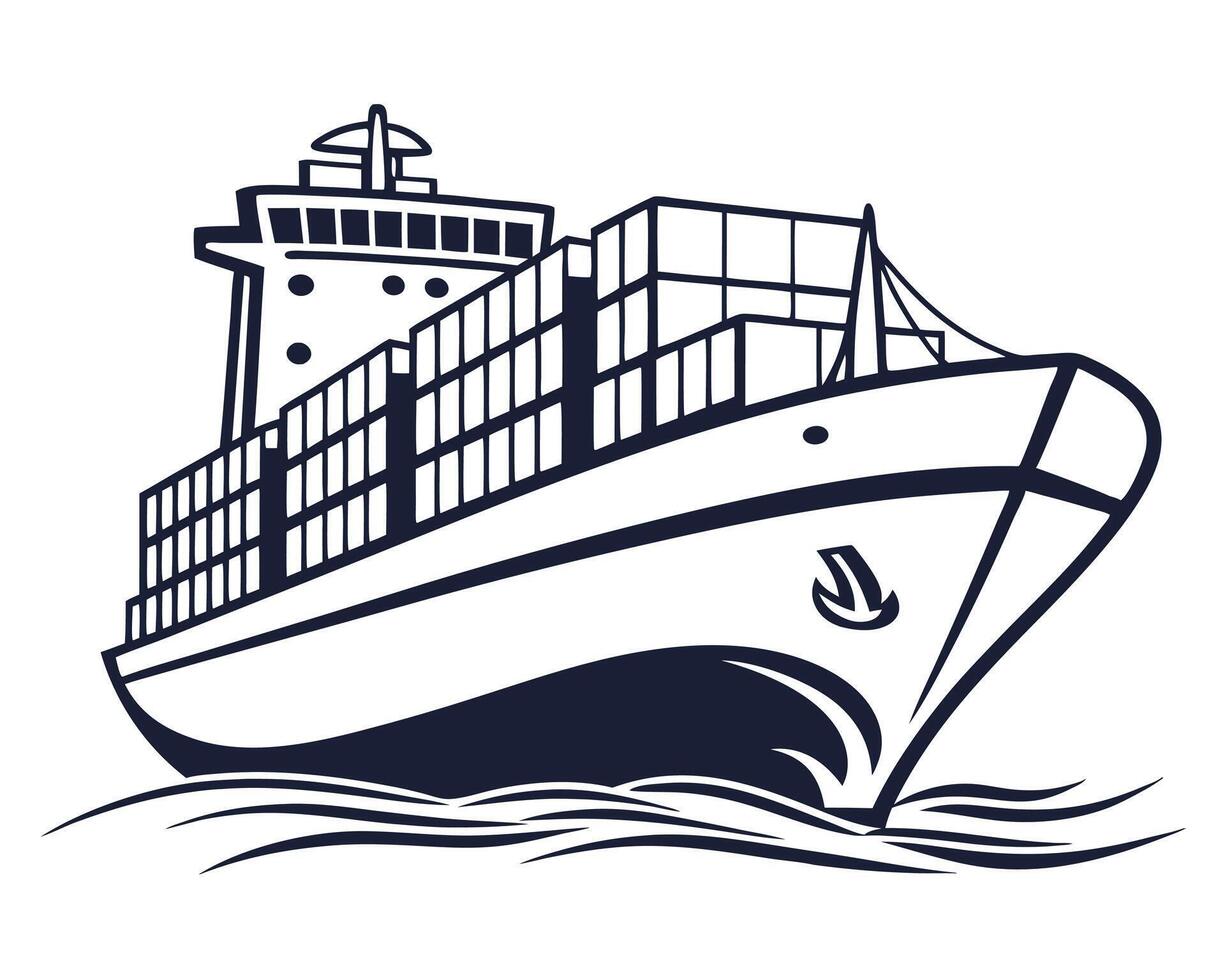 Stylized Container Ship Illustration in Black and White on the Water vector