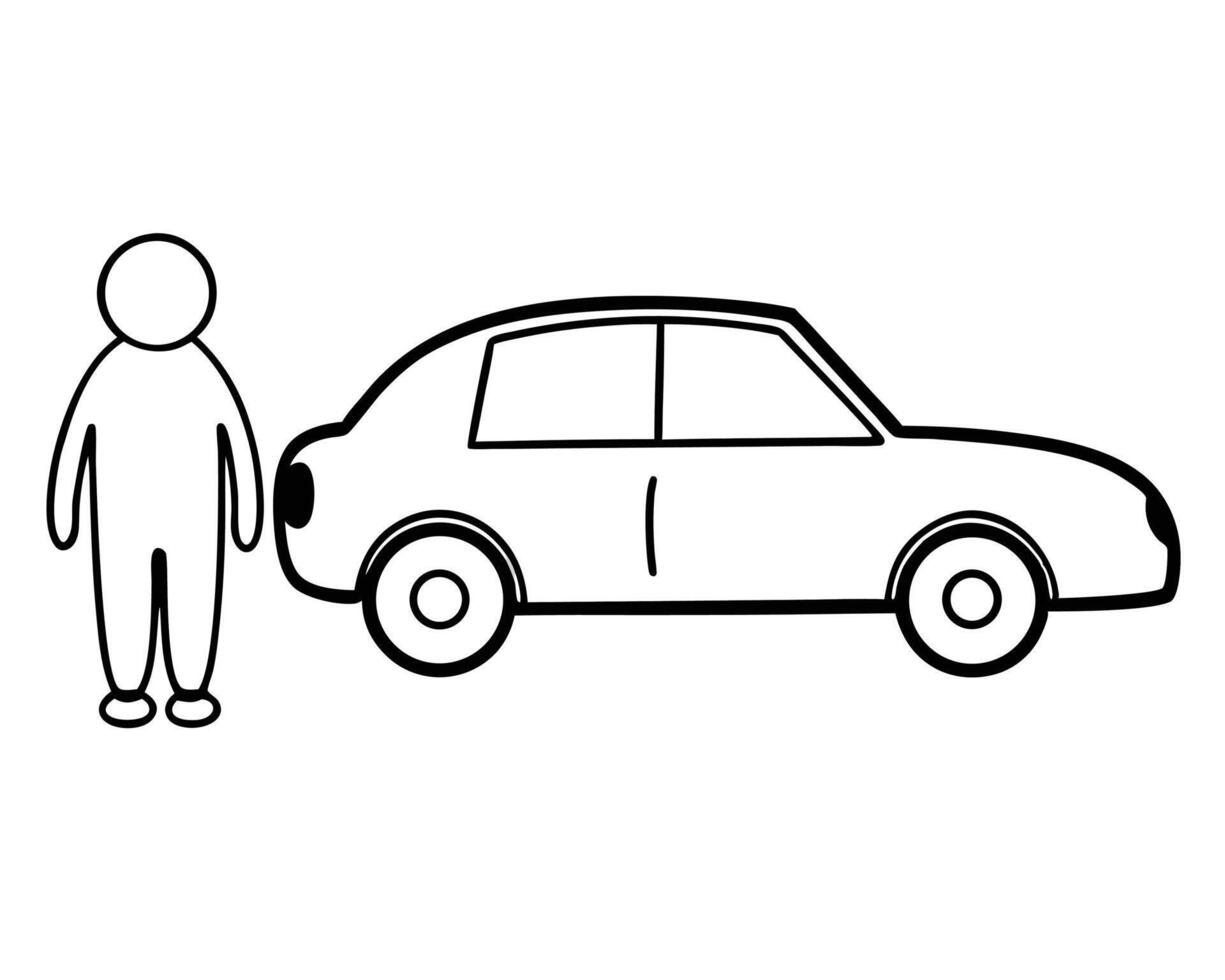 Simple Line Drawing of a Person Standing Next to a Car vector