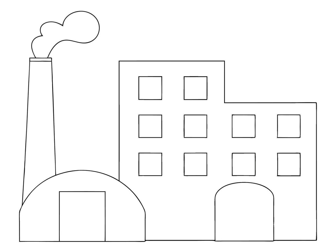 Simple Line Drawing of a Factory with Smoke Stack and Square Windows vector