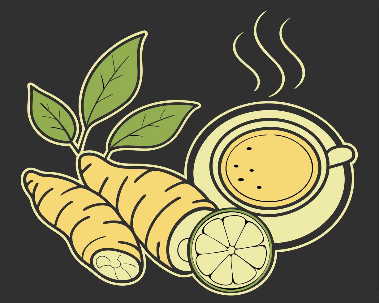 Invigorating Ginger and Lemon Tea Illustration on a Dark Background vector