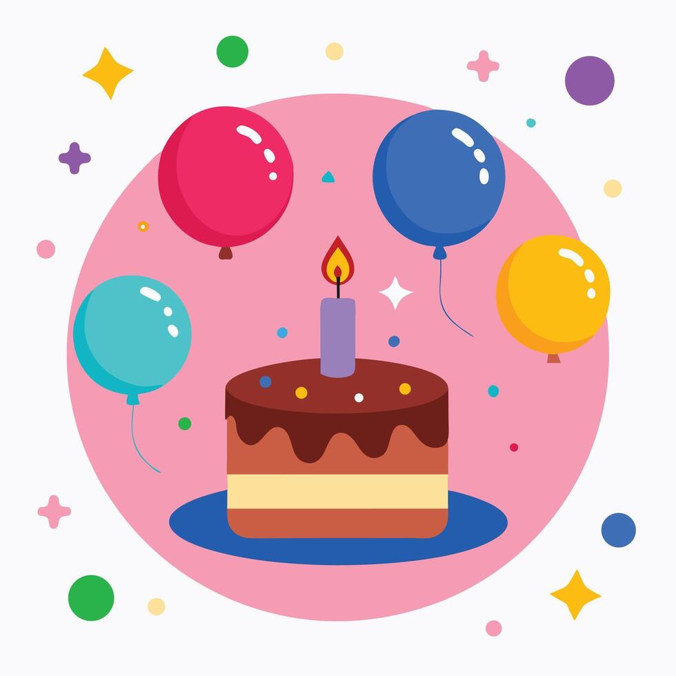 Colorful Birthday Celebration with Cake Balloons and Confetti on a Pink Background vector