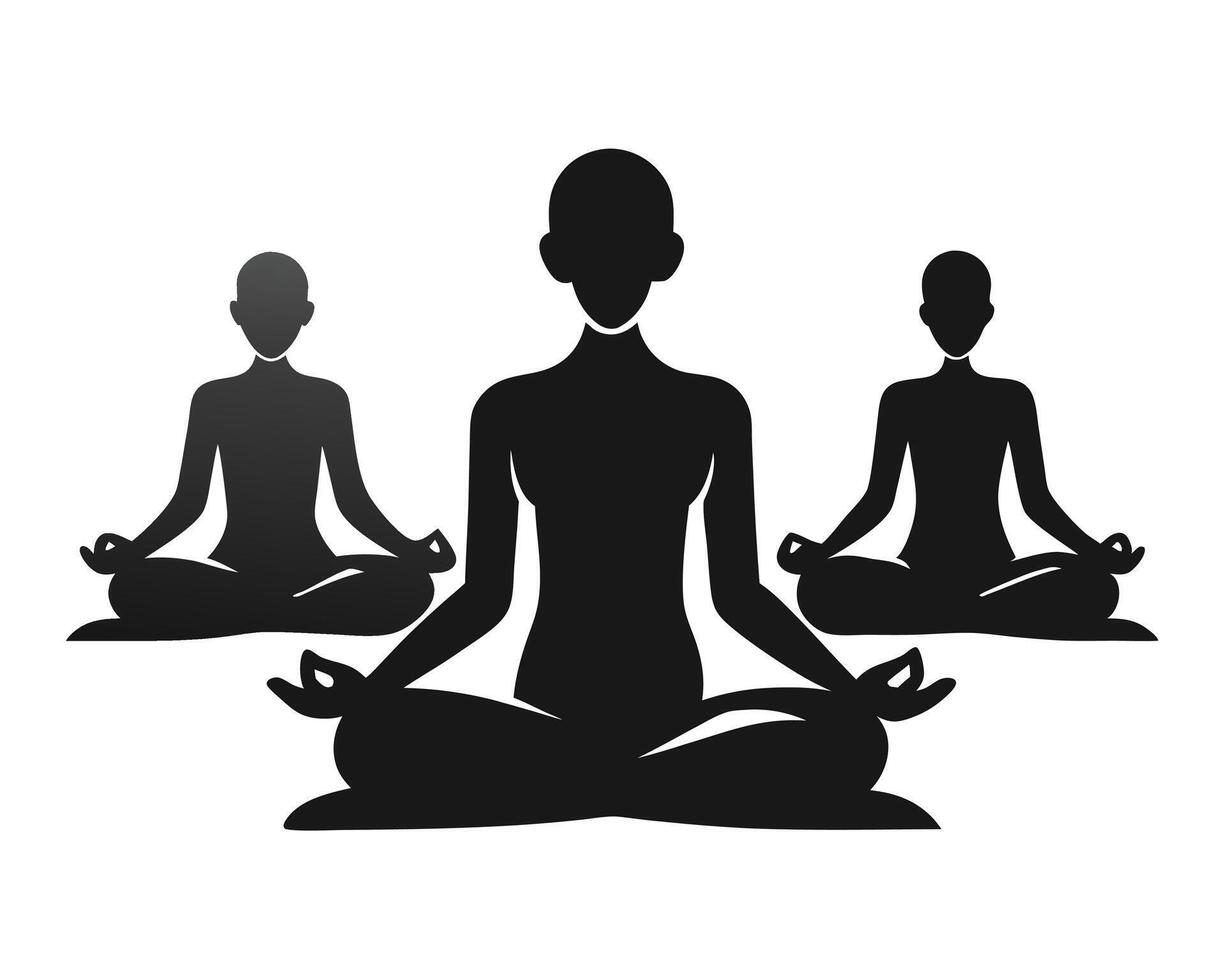 Three figures in lotus position meditating black silhouette on white background vector