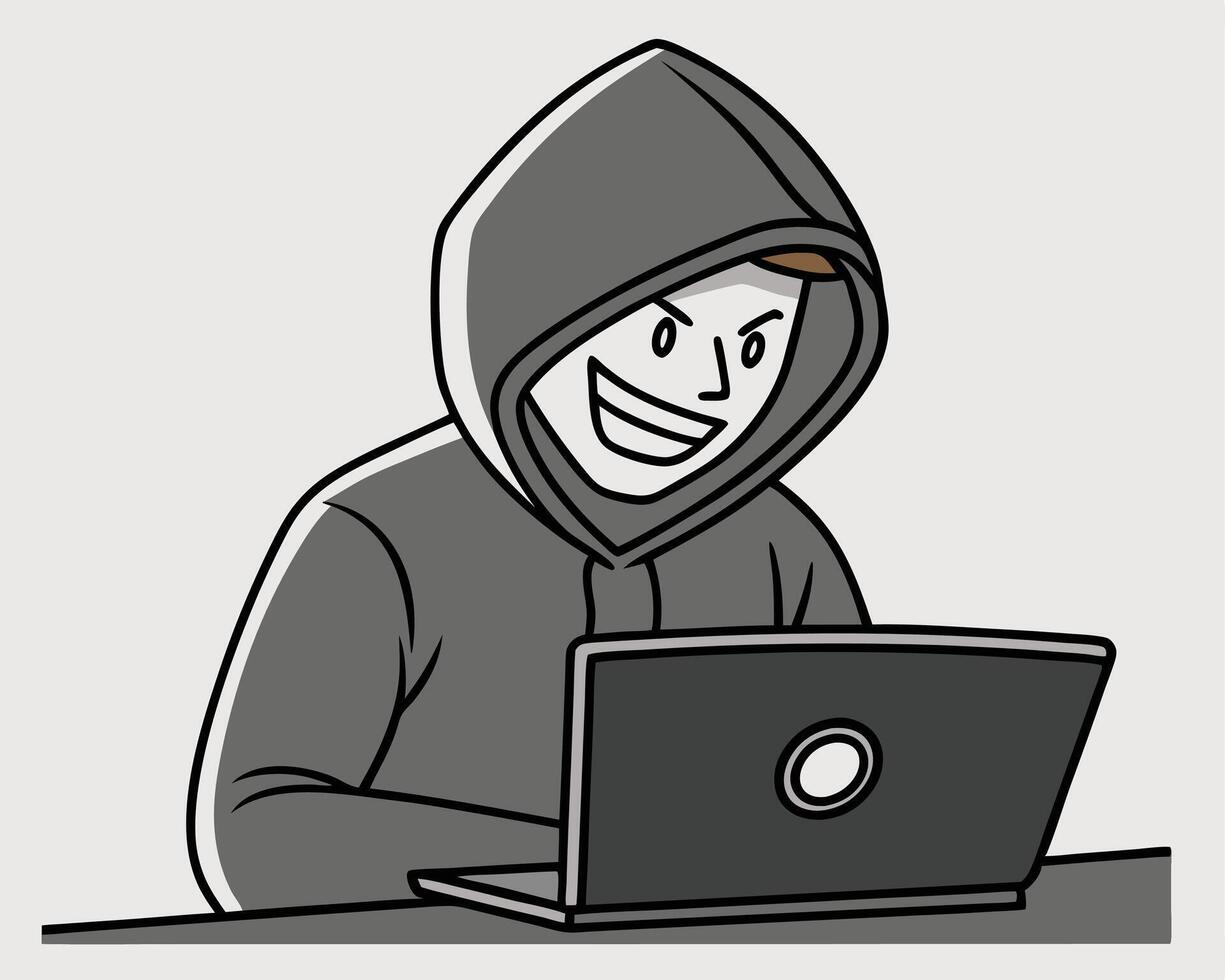 Cartoon Hacker in Hoodie Smiling at Laptop Screen Illustration vector