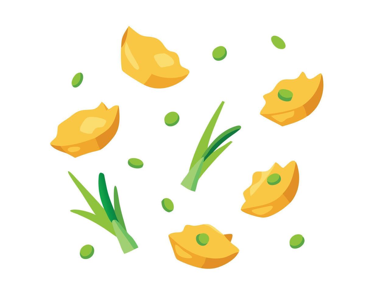 Cartoon Illustration of Dumplings Green Onions and Peas on White Background vector