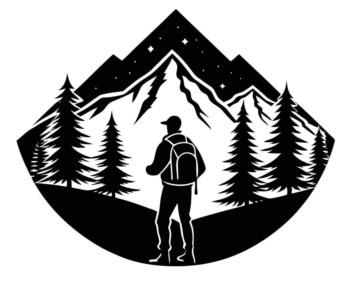 Black and White Hiker Silhouette with Mountains Trees and Starry Night Sky vector