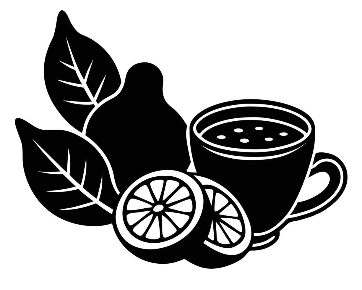 Black and White Illustration of Tea with Lemon and Leaves vector