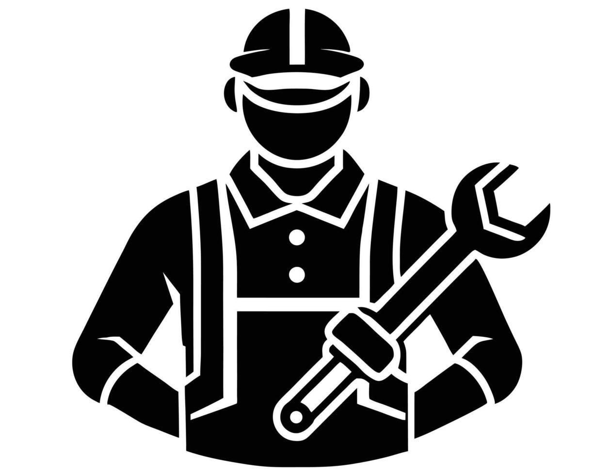 Black and White Graphic of a Construction Worker with a Wrench vector
