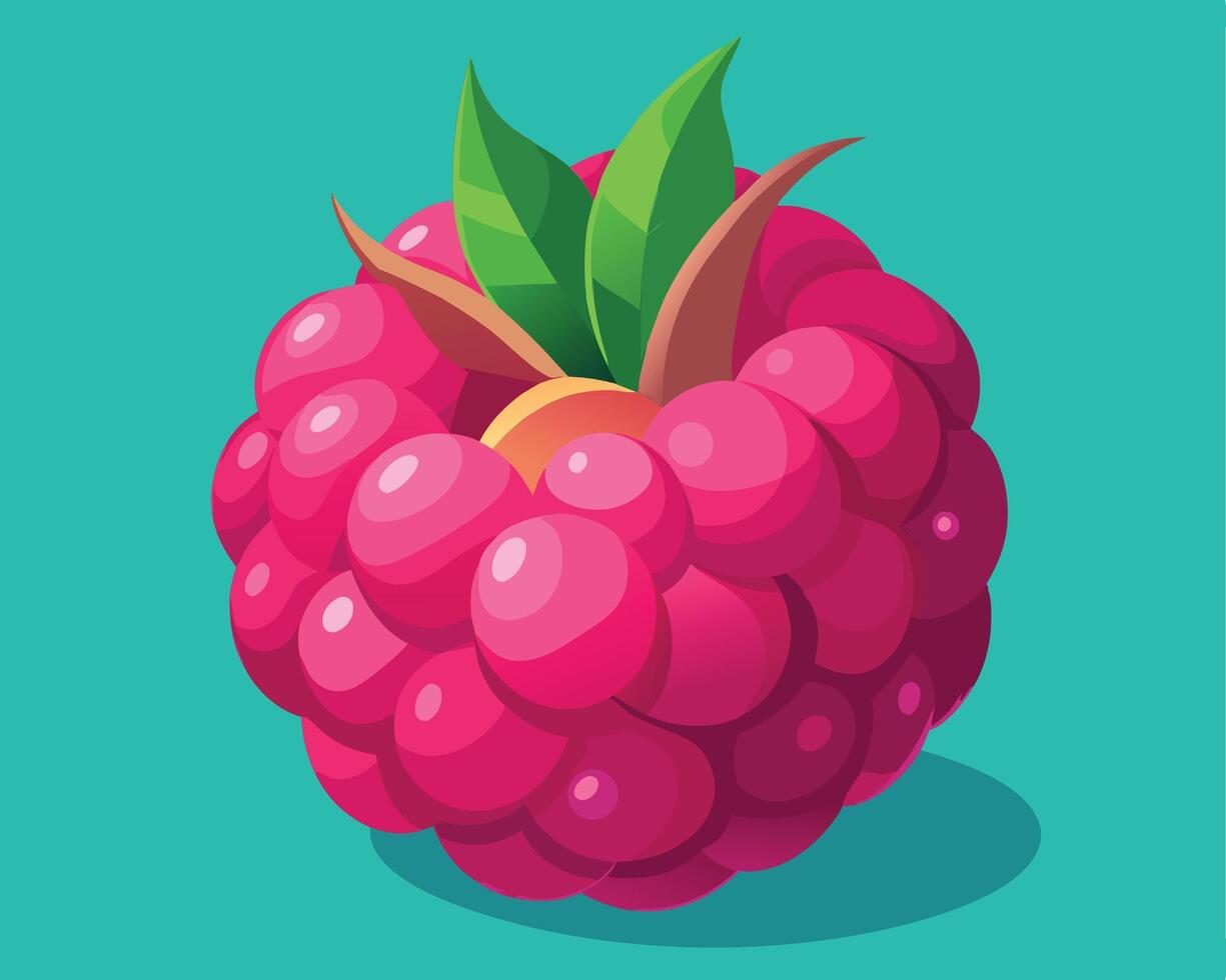 Stylized Raspberry Illustration with Green Leaves on a Teal Background vector