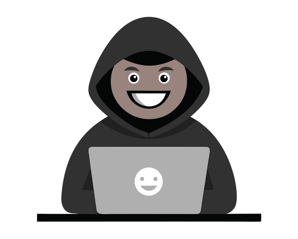 Cartoon Hacker with Laptop and Smiley Face Wearing a Dark Hoodie vector