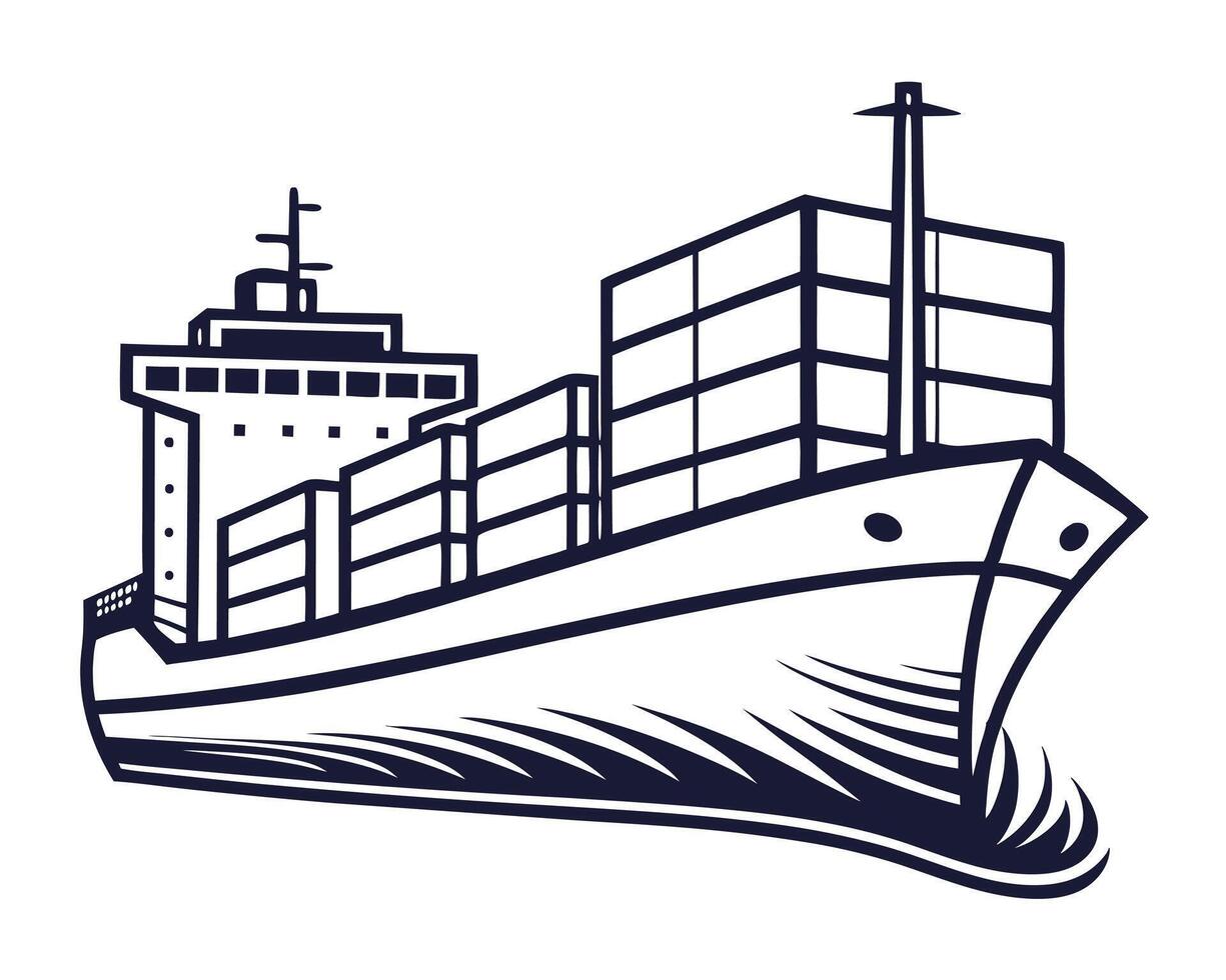 Stylized Container Ship Illustration with Cargo and Water Wake Detail vector