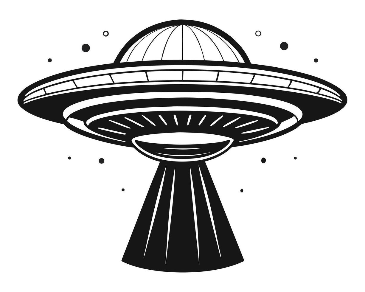 Monochrome UFO with Beam of Light and Floating Particles Illustration vector