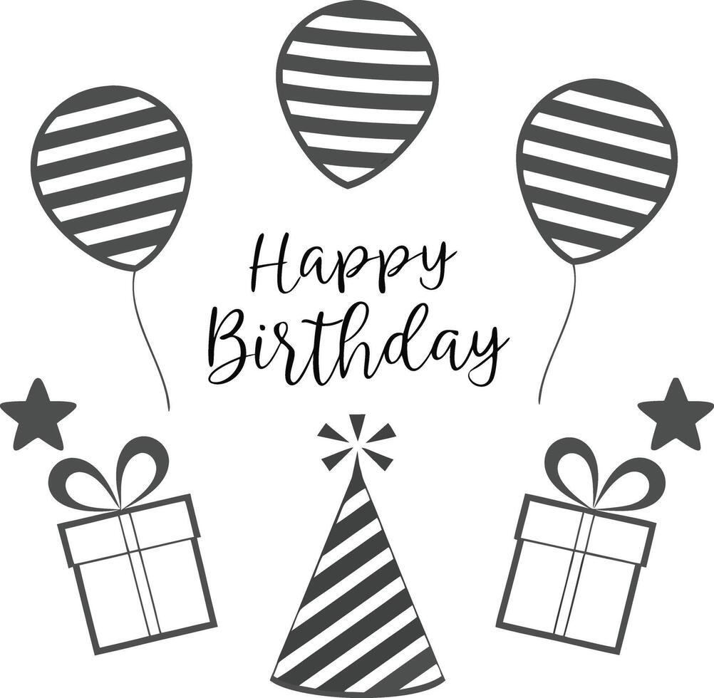 Minimalist Happy Birthday Graphic with Balloons Gifts Stars and Party Hat vector