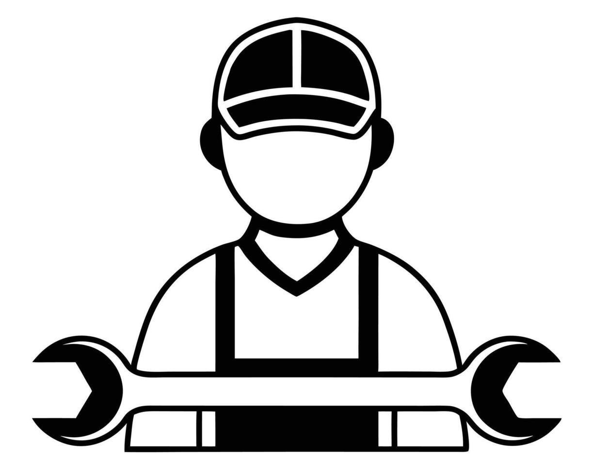 Black and white illustration of a mechanic holding a wrench tool vector