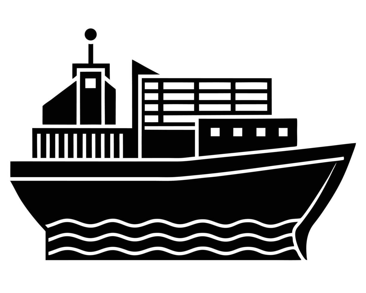 Simple Black and White Illustration of a Cargo Ship on Water vector