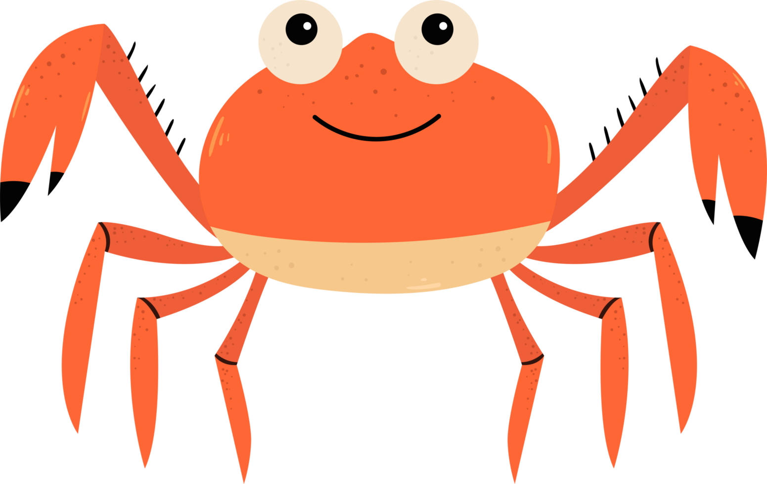 Cartoon crab smiling with many legs, two large pincers, and big round eyes. png