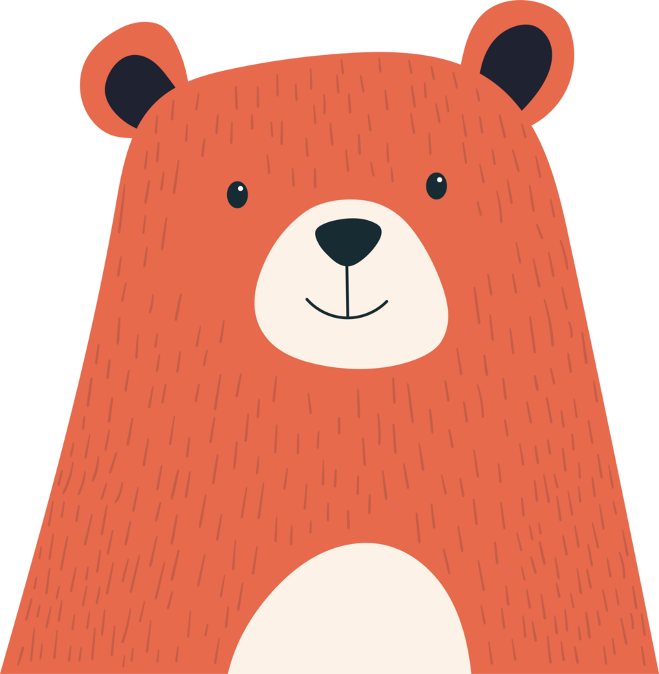 An illustration of a cute orange bear with a big head and small, kind eyes. png