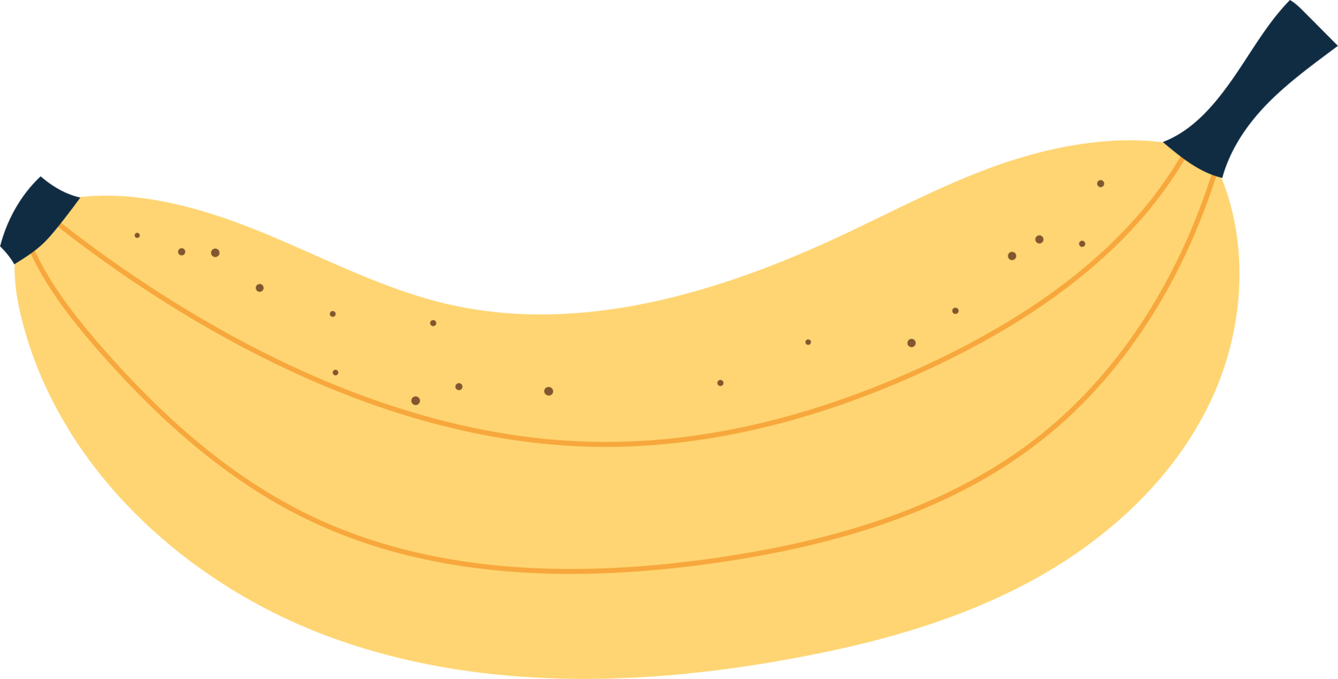 Illustration of a curved ripe banana, with dark spots on yellow skin. png