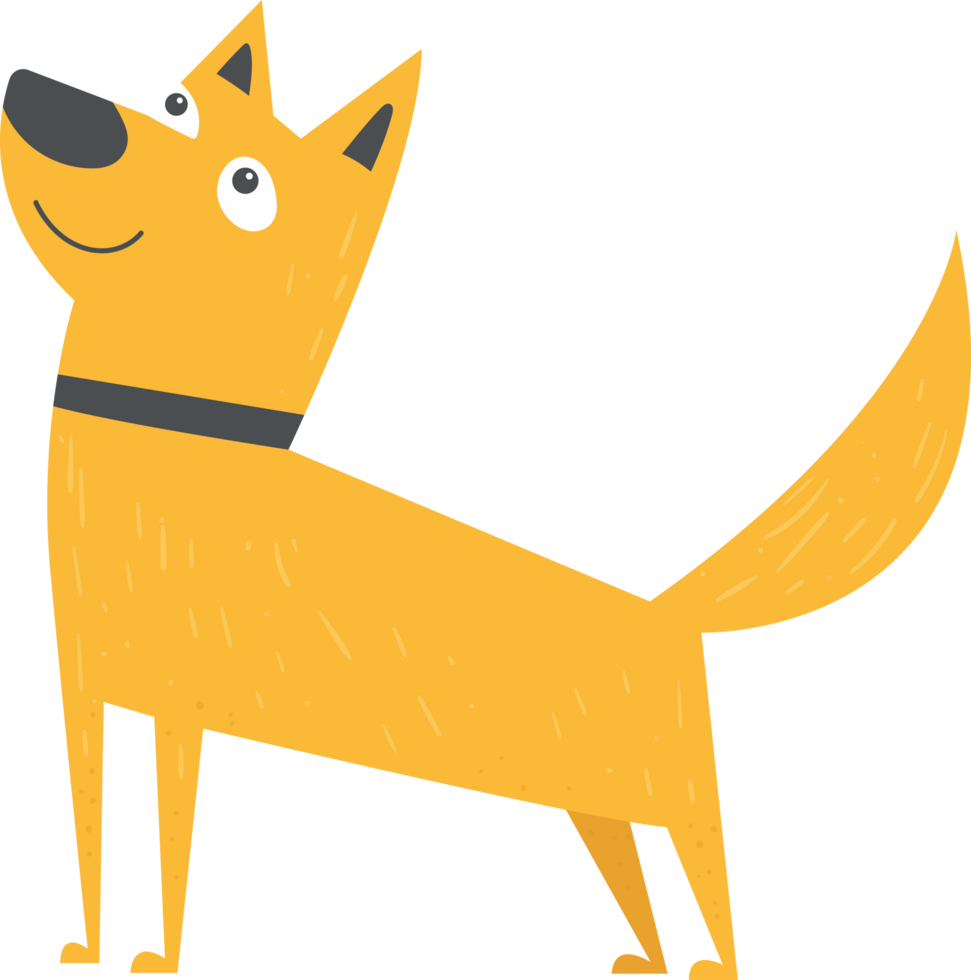 Happy cartoon dog standing with a collar with a smile and looking up png