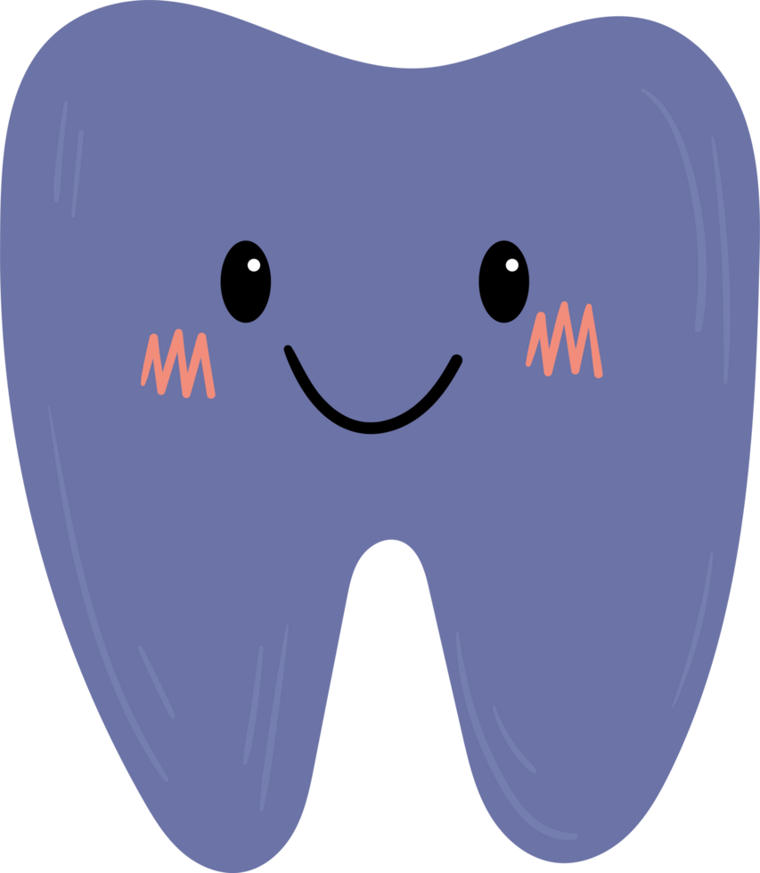 Cartoon tooth character with a happy expression and purple in color. png