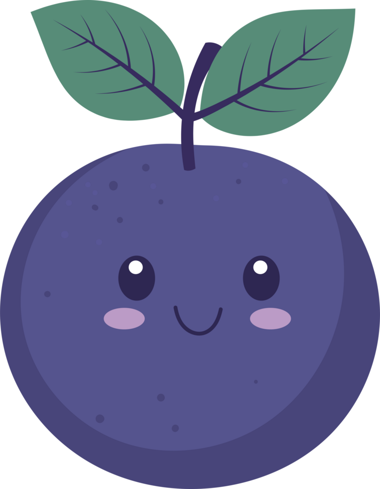 Whimsical plum character with a cute face and green leaves smiling happily. png