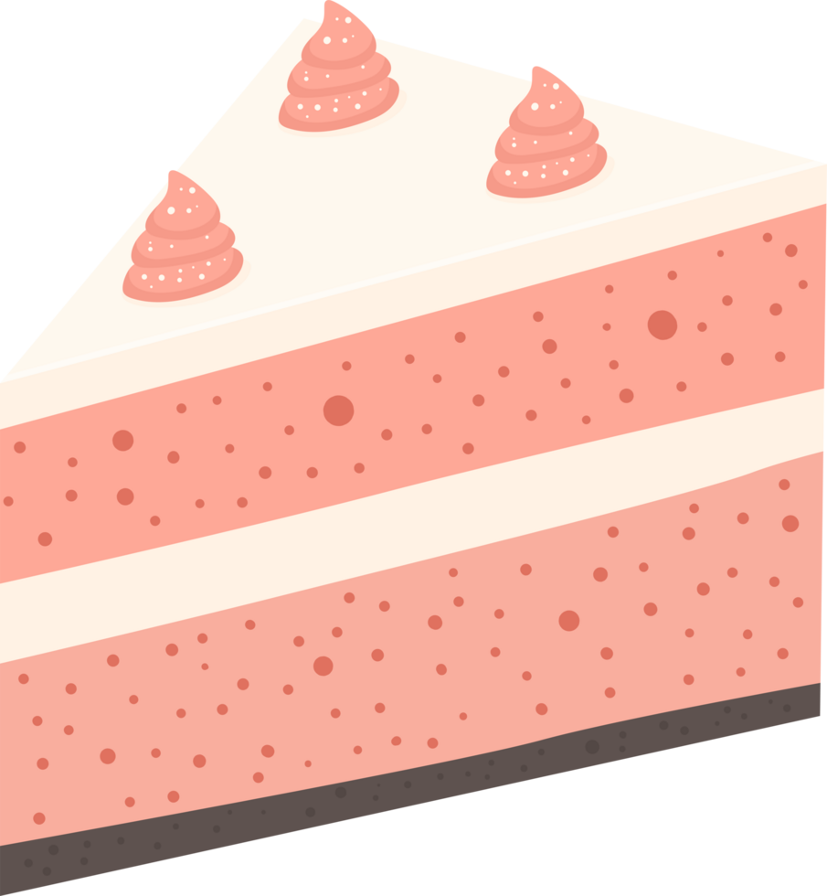 Delicious slice of layer cake with pink sponge and white frosting swirls. png