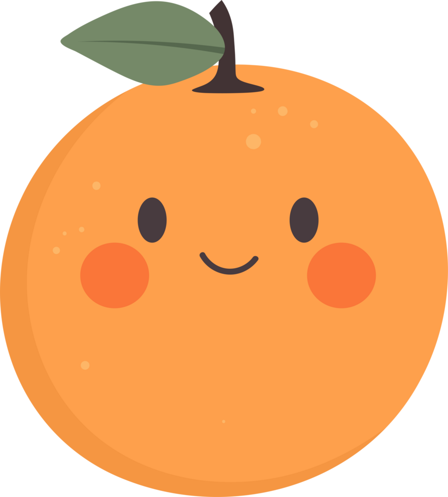 Smiling orange fruit with rosy cheeks and a single green leaf illustration. png