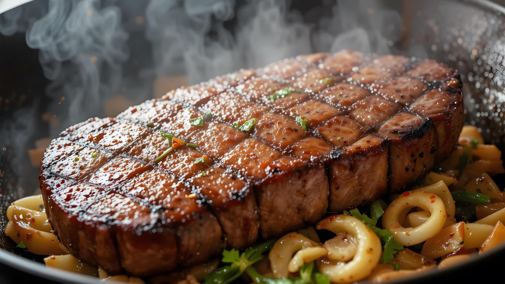 Juicy Steak with Steamed Vegetables in a Pan photo
