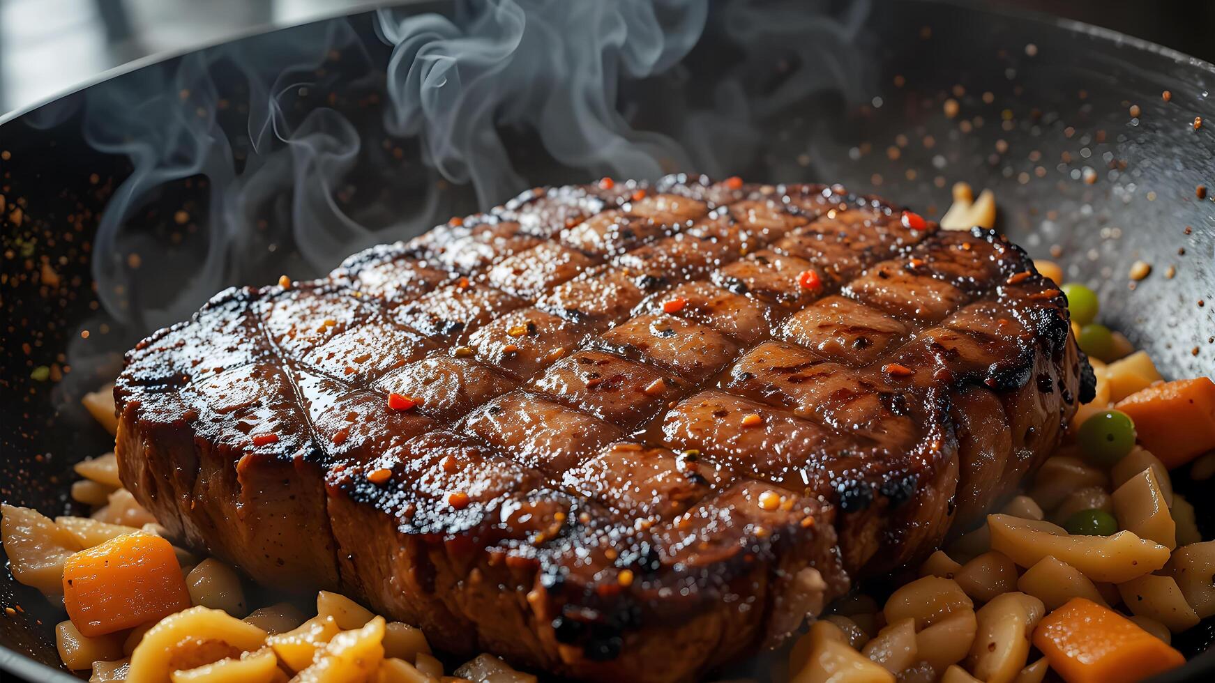 Perfectly Seared Steak With Vegetables Sizzling In A Pan photo
