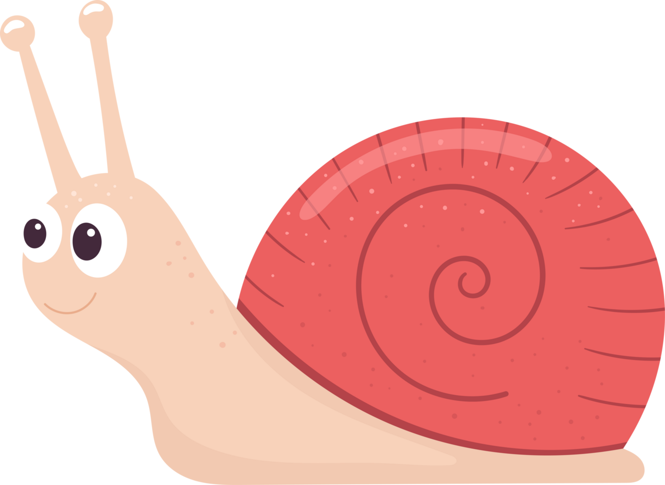 Cartoon illustration of a friendly snail with a pink shell and eye stalks. png