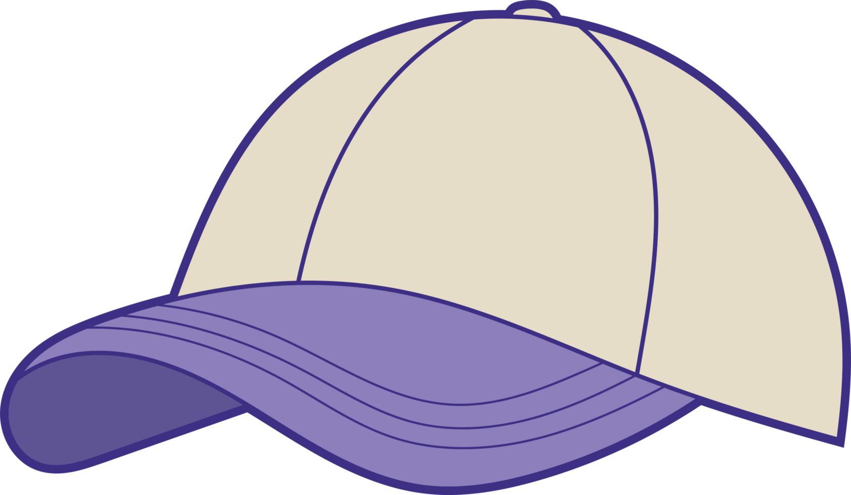 Tan crown baseball cap with a purple brim protects against the sun's rays. png
